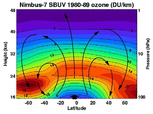 Koncentracija ozona izmerjena s satelitom Nimbus 7.